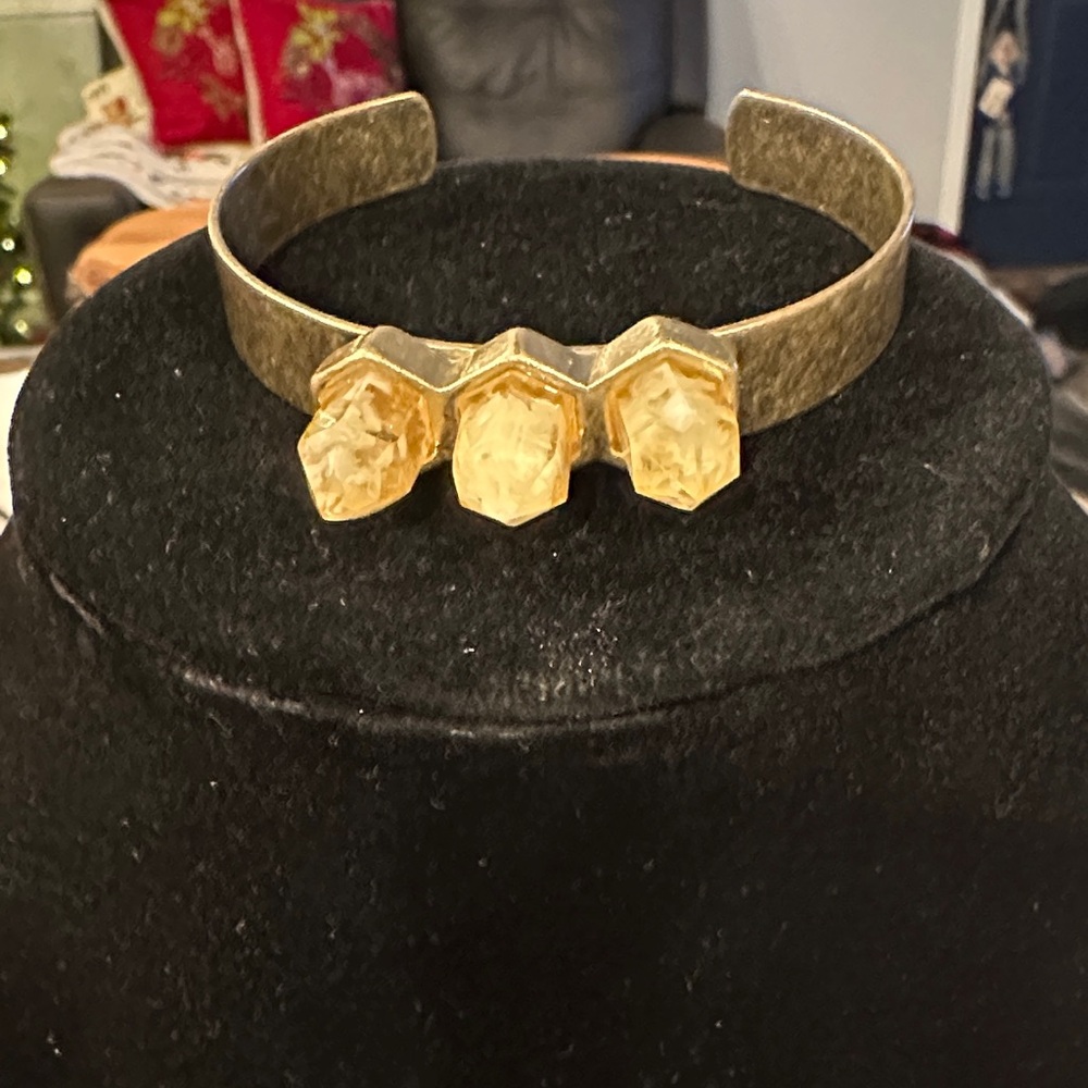 Gold Cuff Bracelet with Yellow Crystal Spiked Accents. Vintage Brass